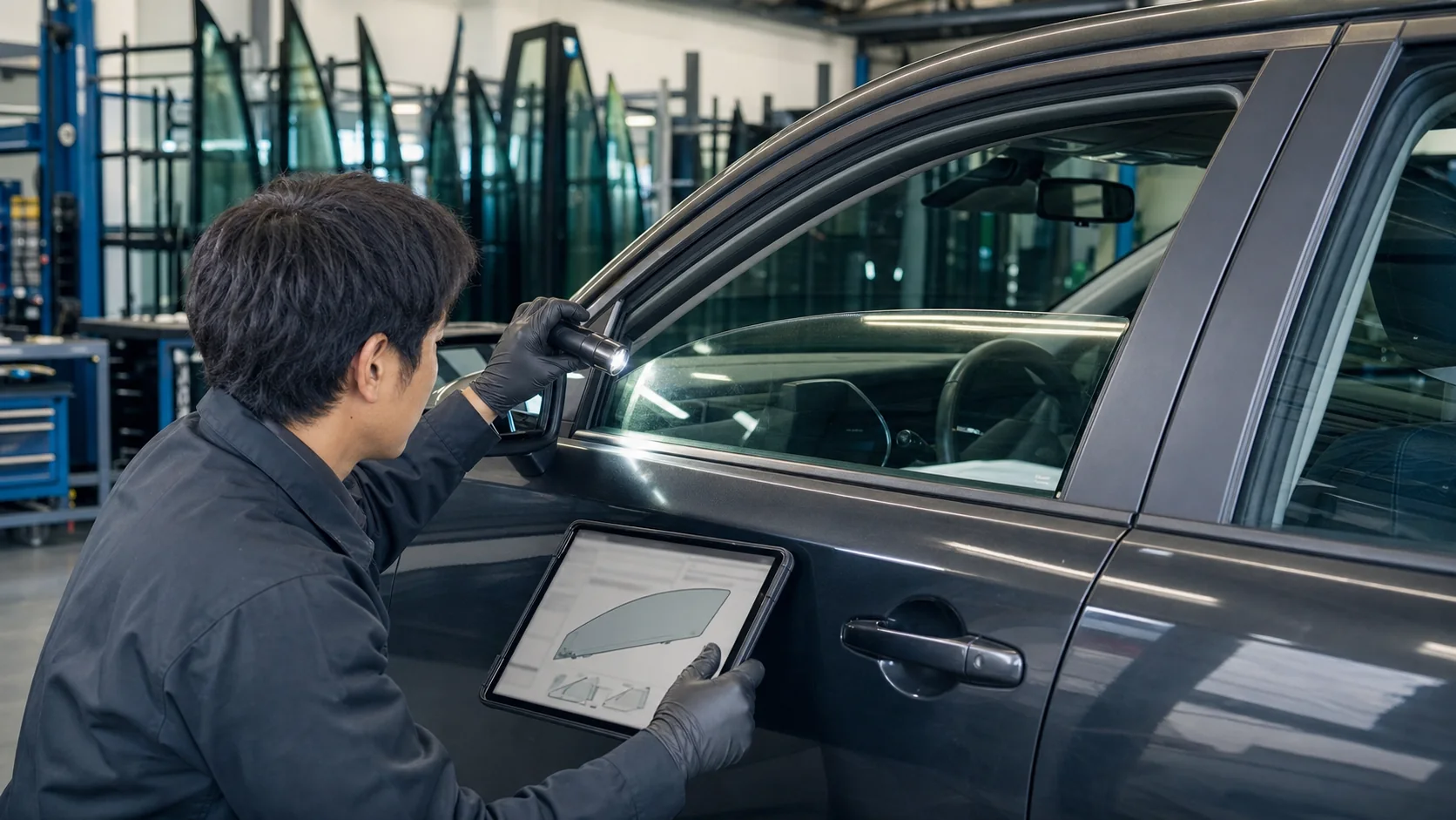 車台番号とガラス仕様を照合し、交換可能な別設定を確認するイメージ(AI生成)