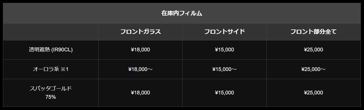 在庫内フィルム - フロント部分料金表